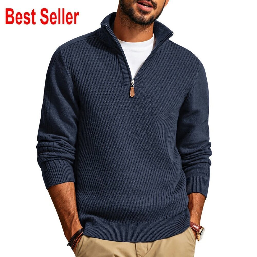 Quarter Zip Pullover Sweater Slim Fit Knit Texture Casual Menswear Classic